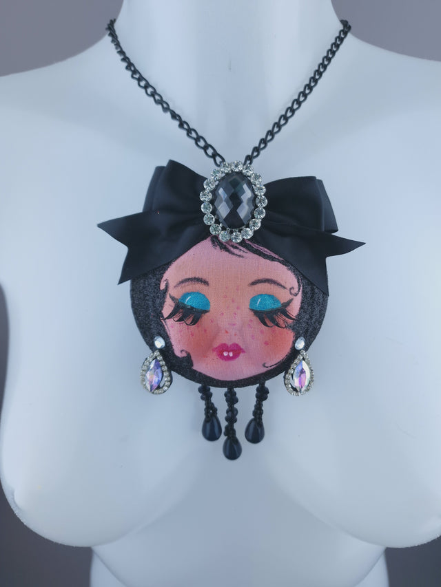 Dollface & Blinking Eye Necklace Brooch Jewellery