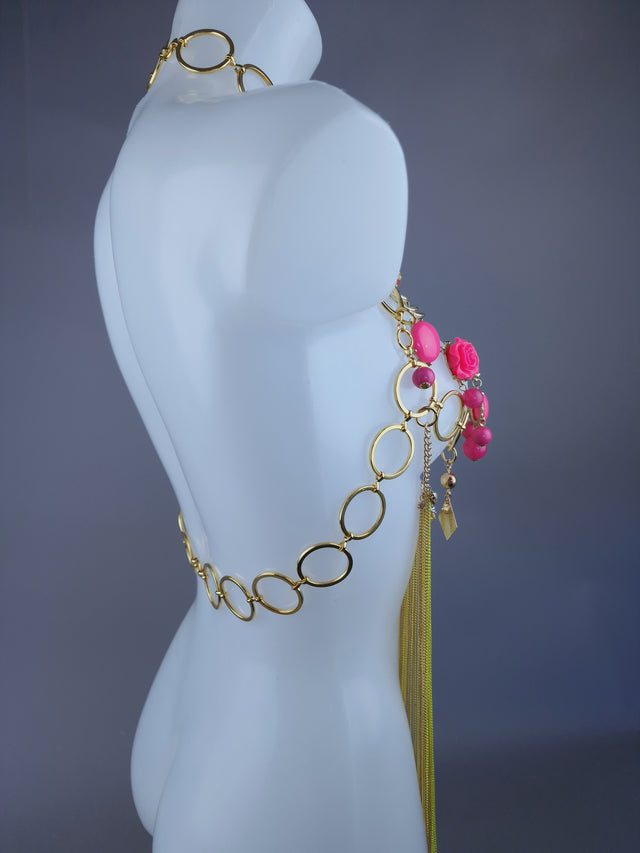 "Hermia" Neon Yellow & Pink Jewel & Chain Harness