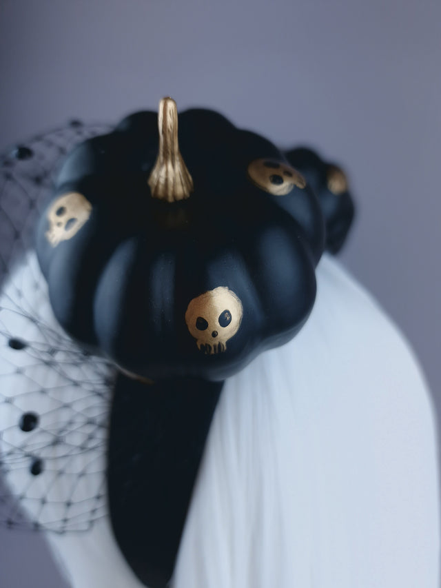 "Boo" Black & Gold Skull Pumpkin Ear Veil Headdress