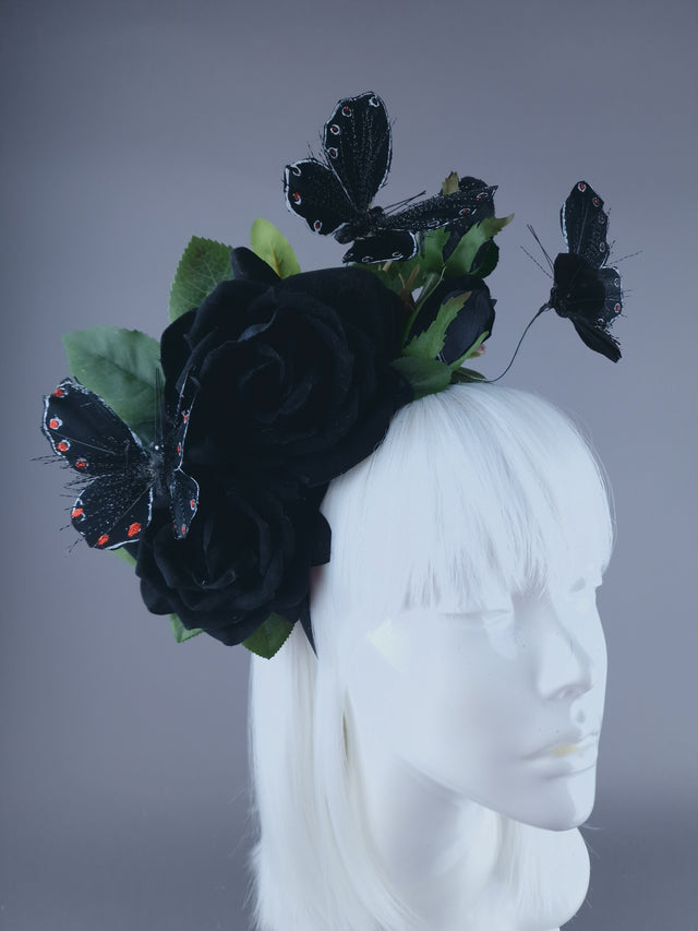 "Devaki" Black Rose & Butterfly Flower Headdress