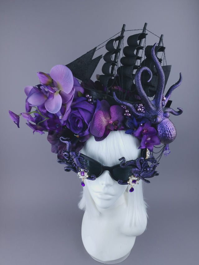 Pearls & Swine: Bespoke Commission Purple & Black Ship Headdress with Sunglasses