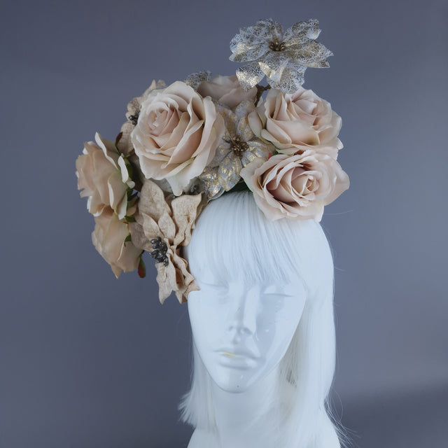 "Bernia" Beige & Gold Rose & Poinsettia Flower Headdress