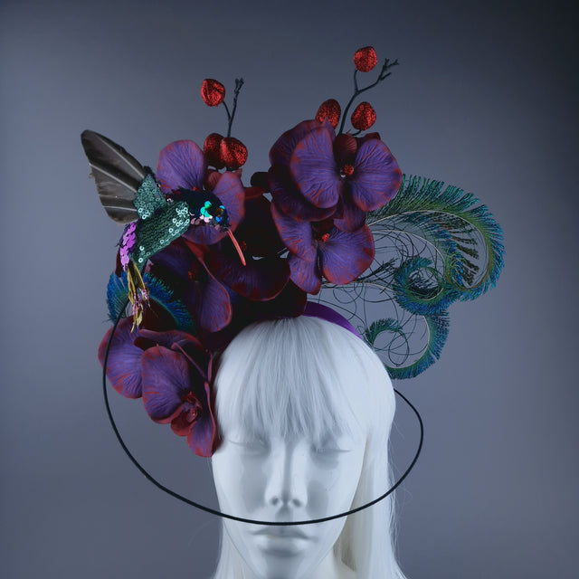 "Whir" Hummingbird & Purple Red Orchid Headdress