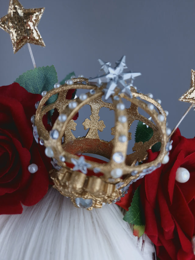 "Sanguis Christi" Red Rose, Pearls & Gold Crown Headdress