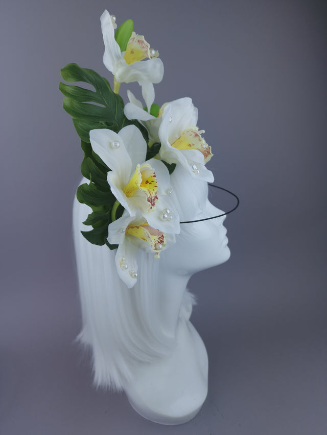 Pearls & Swine: Maximalist Ivory Orchid Floral Headpiece with Toucan