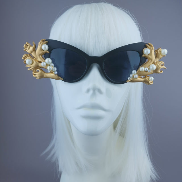 Pearls & Swine: Gold Hands & Pearl Black Sunglasses "Grip"