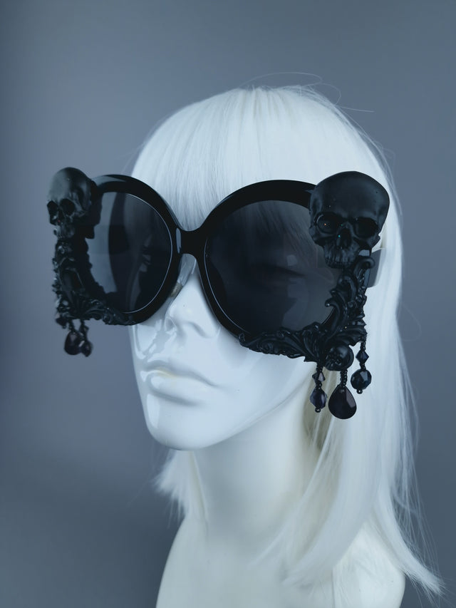 "Keres" Black Skull, Filigree & Beading Oversized Sunglasses