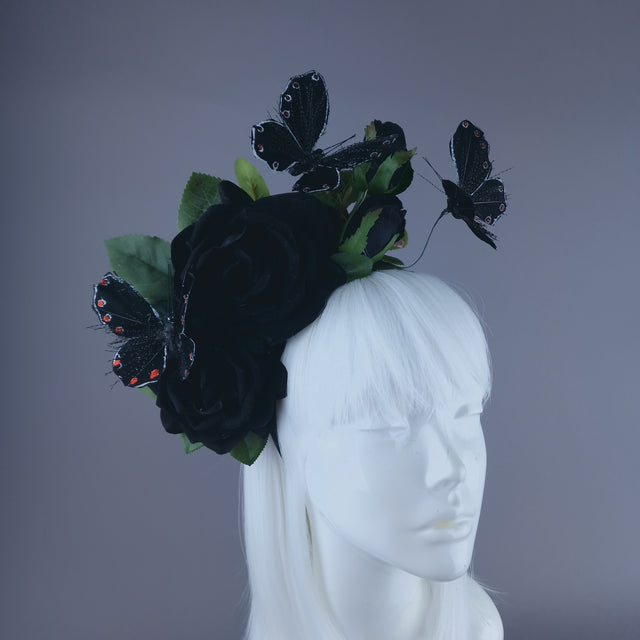 "Devaki" Black Rose & Butterfly Flower Headdress