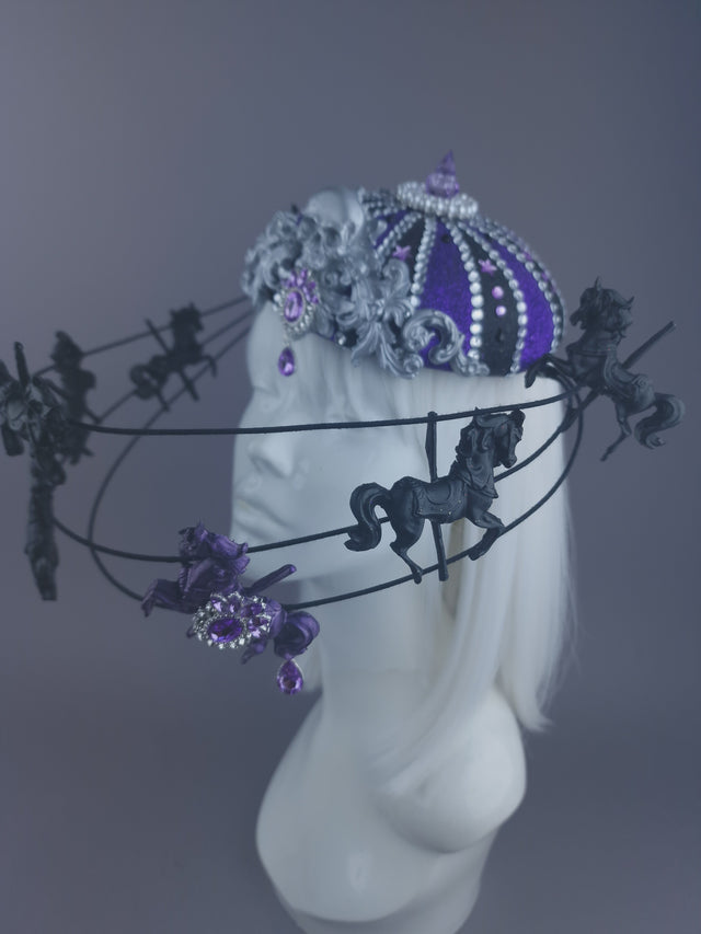 "Cirque Forever" Black & Purple Circus Carousel Wired Veil Hat