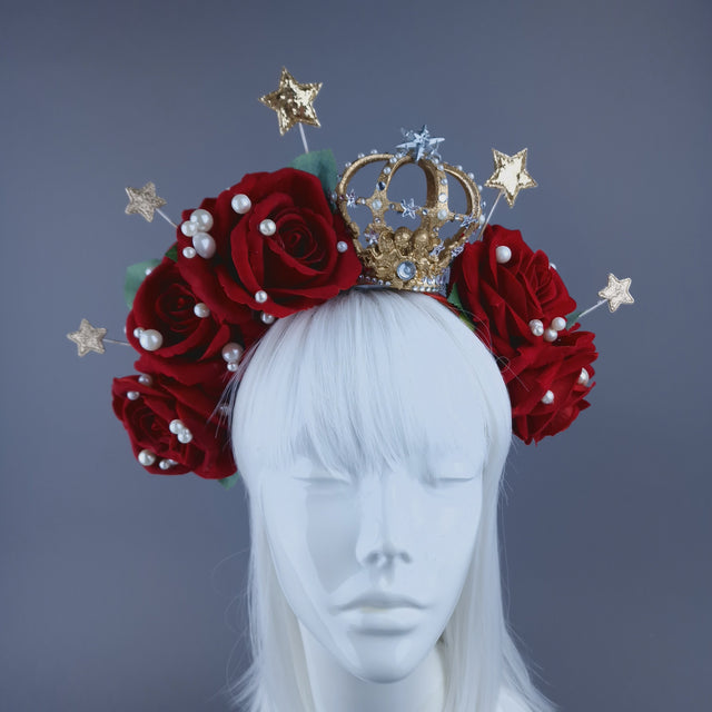 "Sanguis Christi" Red Rose, Pearls & Gold Crown Headdress