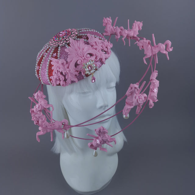 Pearls & Swine: Pink & Red Circus Carousel Wired Veil Hat "Cirque Forever"