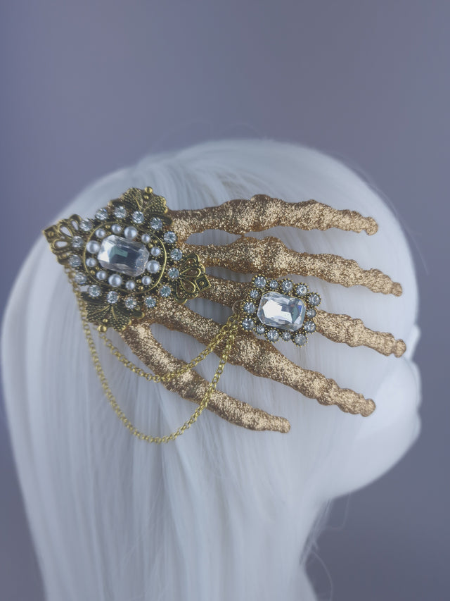 "Dust to Dust" Jewelled Glitter Skeleton Hand Mini Headpiece