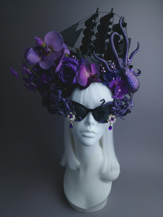 Pearls & Swine: Bespoke Commission Purple & Black Ship Headdress with Sunglasses