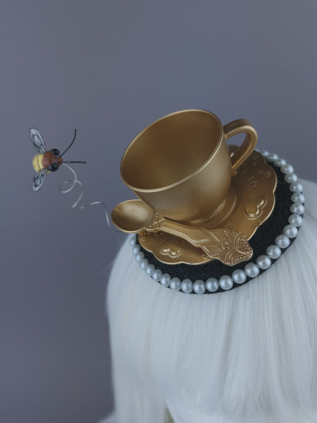 Pearls & Swine Gold Teacup & Bee Mini Fascinator "TeaTime"