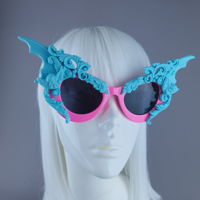 "Bathory" Pink & Blue Filigree Ornate Bat Wing & Cherub Sunglasses