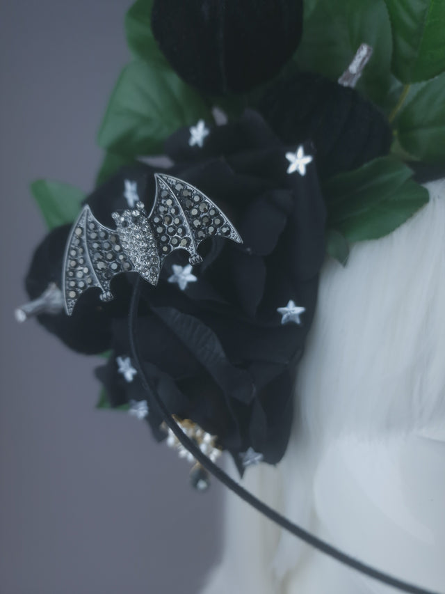 Pearls & Swine: Black Roses & Bat Headband Headpiece "Belfry"