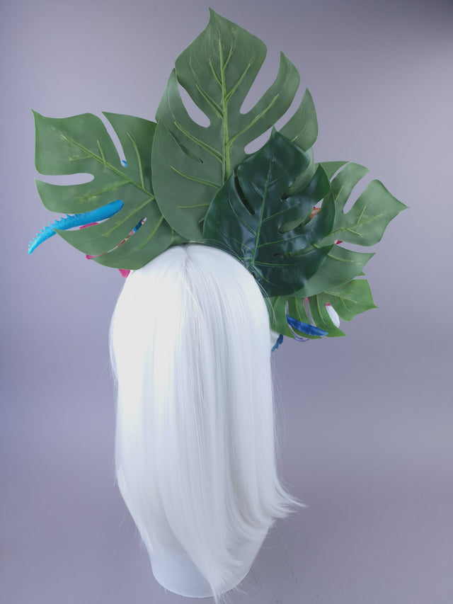 Pearls & Swine: Maximalist Tropical Floral Headpiece with Dinosaur "Jungle Boogie"