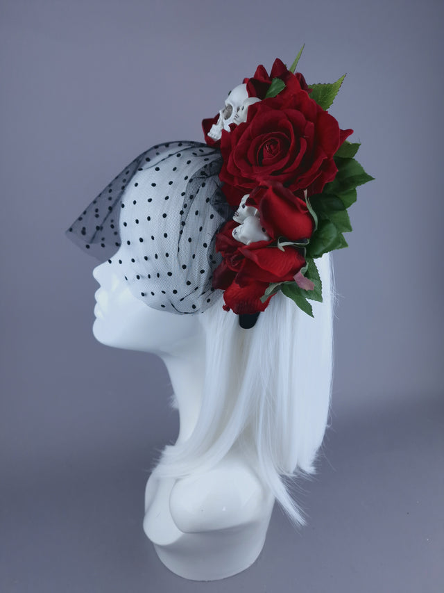 "Dearly Beloved" Red Rose, Skull Veil Headdress