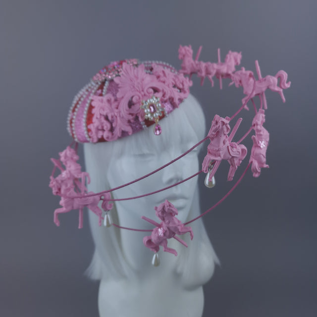 Pearls & Swine: Pink & Red Circus Carousel Wired Veil Hat "Cirque Forever"