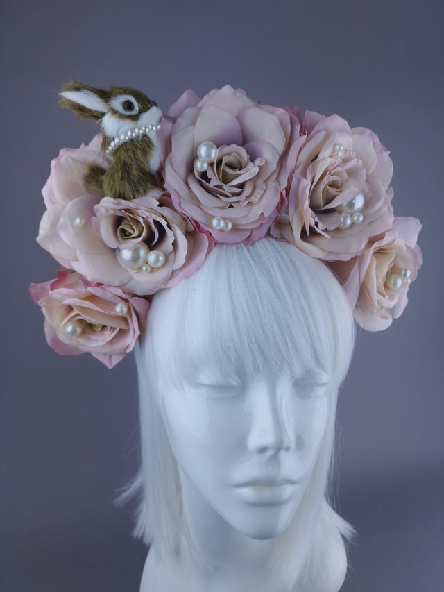 "Hoppit" Bunny Rabbit, Pearls & Pink Roses Headpiece