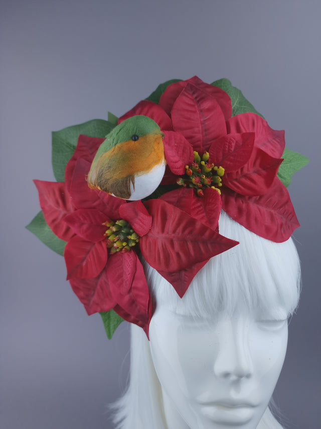Large Red Poinsettia & Robin Xmas Headdress