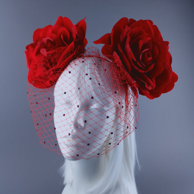 "Amias" Giant Red Rose Crystal Veil Headdress