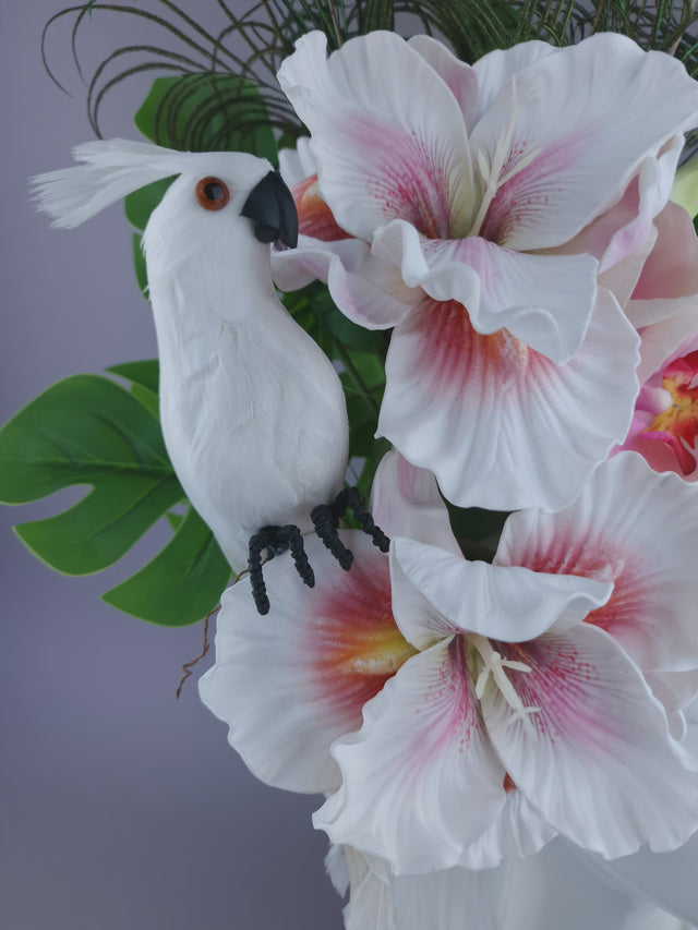 Pearls & Swine: Maximalist White Orchid Floral Feather Headpiece with Parrot