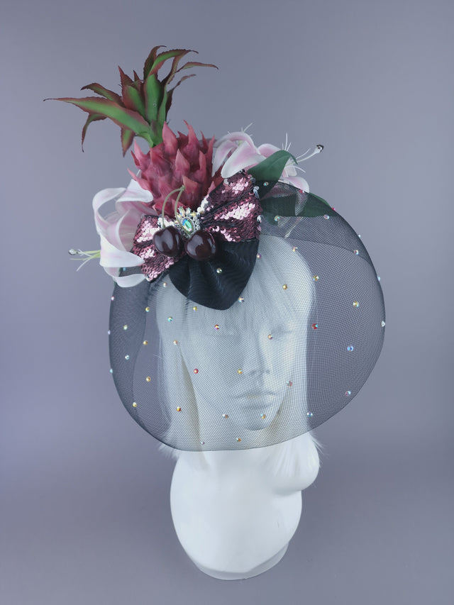 "Tuti" Pink Pineapple Flower Veil Fascinator