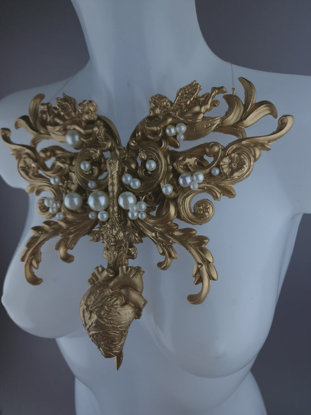 Pearls & Swine: Gold Filigree, Sword, Heart & Pearls Neckpiece "Covenant"