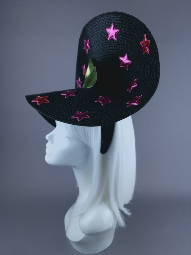 "Twinx" Green Bow with Pink Stars Black Hat