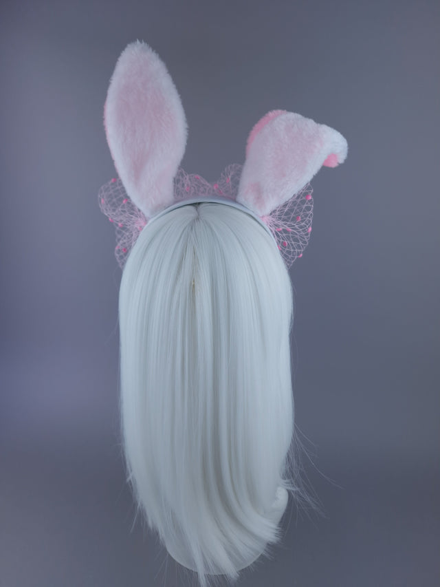 "Flopsy" Pink & White Bunny Ear Veil Headdress
