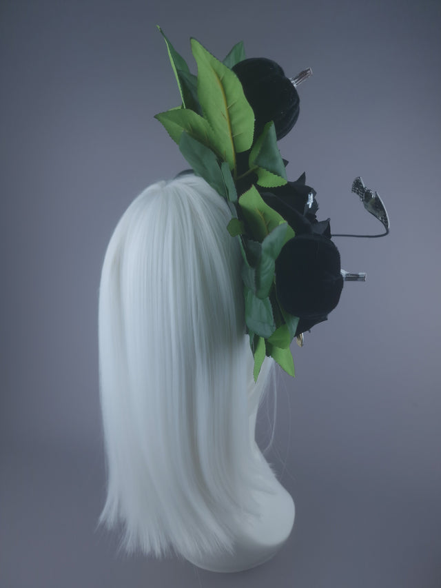 Pearls & Swine: Black Roses & Bat Headband Headpiece "Belfry"