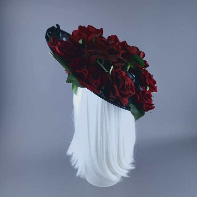 "Alaric" Red Roses, Filigree Black & White Polka Dot Fascinator Hat