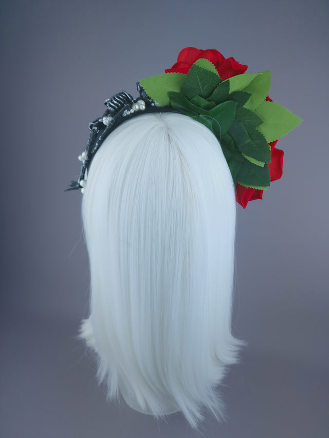 Pearls & Swine: Red Rose, Pearls & Skeleton Headband Headpiece "Buried"
