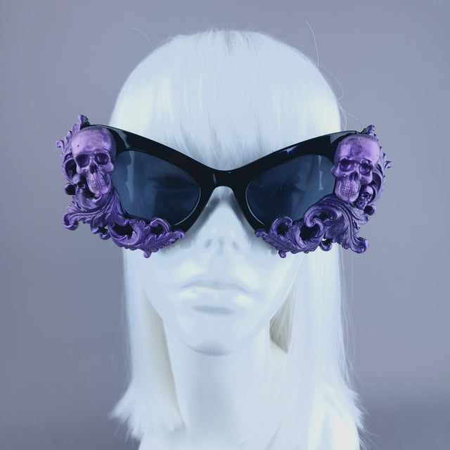 "Goth AF" Purple Black Filigree & Skulls Catseye Sunglasses