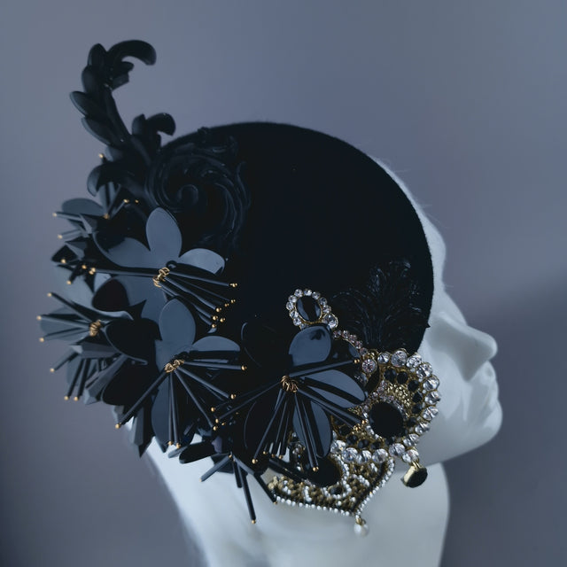 "Noir" Black Flower & Jewel Fascinator Hat