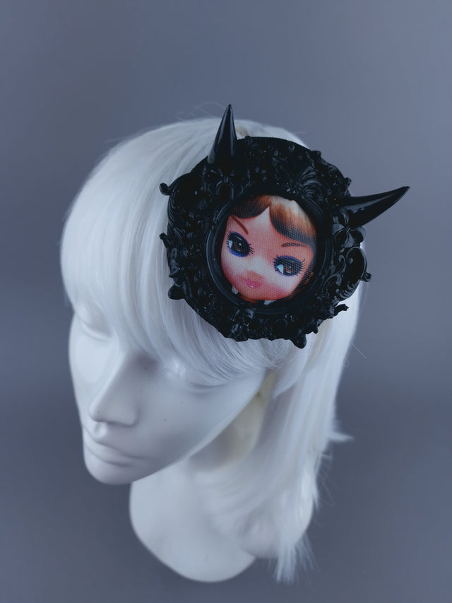 "Little Devil" Black Filigree Bradley Doll Face Mini Fascinator with Horns