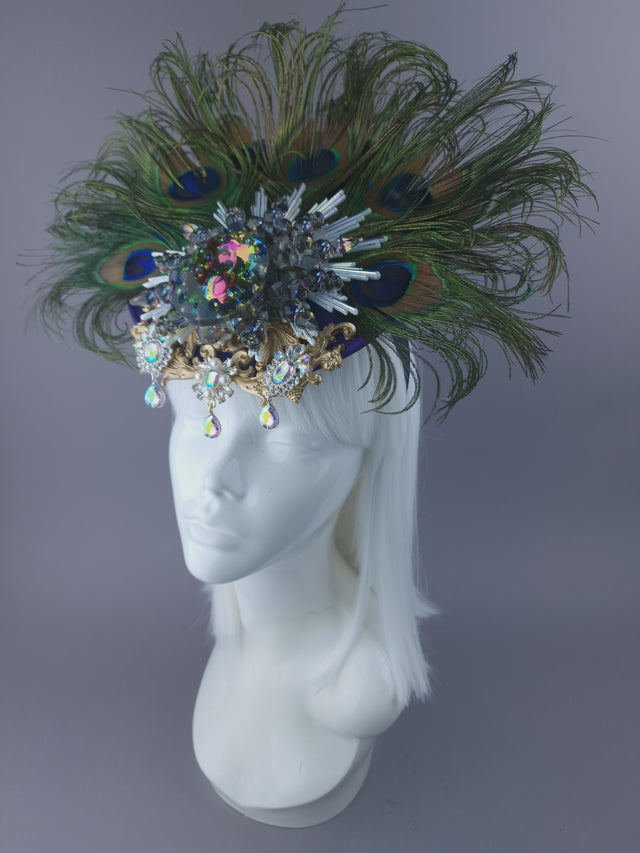 Pearls & Swine: Jewel & Peacock Feather Fascinator Hat "Nile"