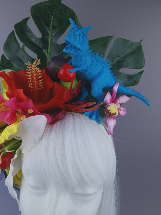 Pearls & Swine: Maximalist Tropical Floral Headpiece with Dinosaur "Jungle Boogie"