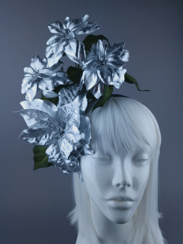 Metallic SIlver Poinsettia Xmas Headdress