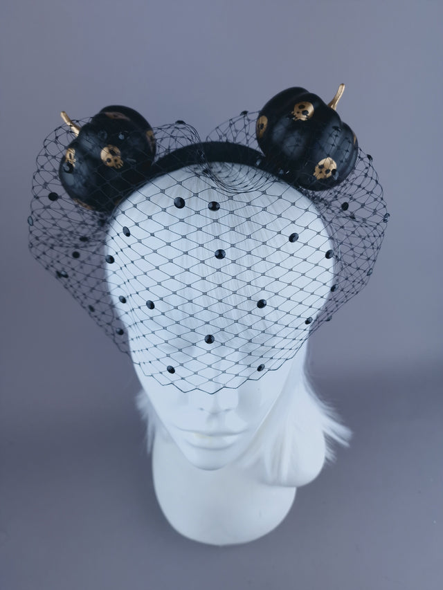 "Boo" Black & Gold Skull Pumpkin Ear Veil Headdress