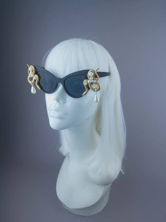 Pearls & Swine: Gold & Pearl Snake Black Sunglasses "Beguile"
