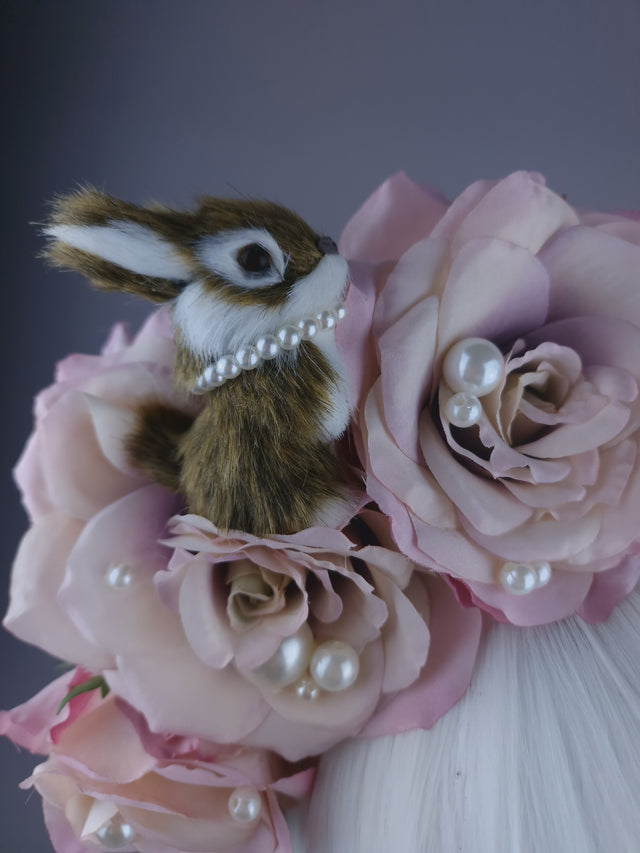 "Hoppit" Bunny Rabbit, Pearls & Pink Roses Headpiece