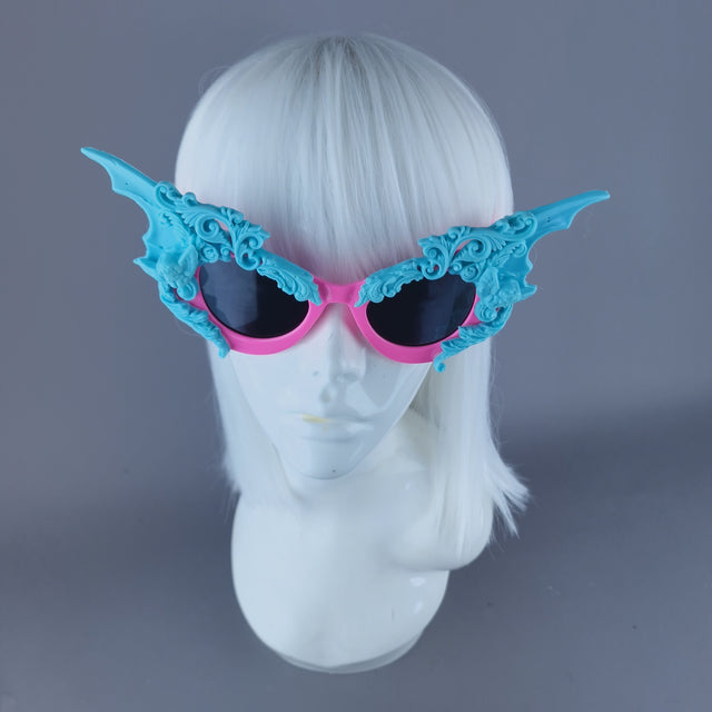 "Bathory" Pink & Blue Filigree Ornate Bat Wing & Cherub Sunglasses