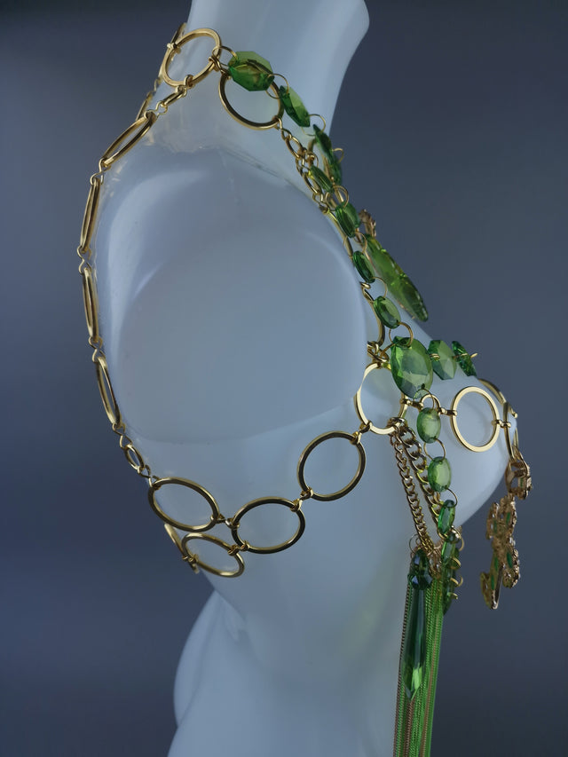 "Limelight" Green & Gold Jewel & Chain Harness