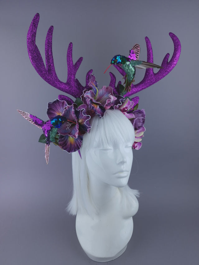 Pearls & Swine: Maximalist Purple/Pink Floral Deet Horn Headdress with Hummingbirds