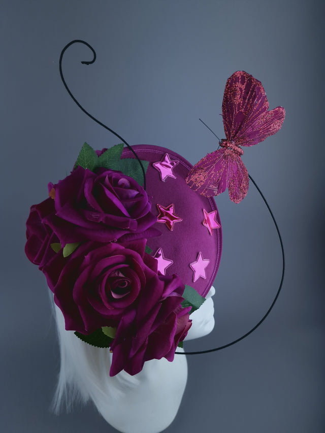 "Emily" Cerise Rose, Stars & Butterfly Fascinator Hat