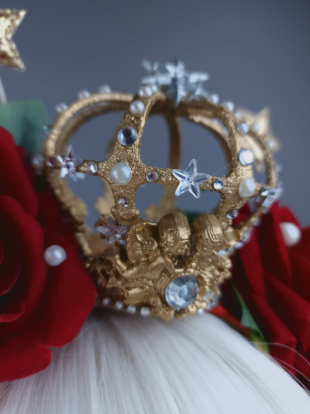 "Sanguis Christi" Red Rose, Pearls & Gold Crown Headdress