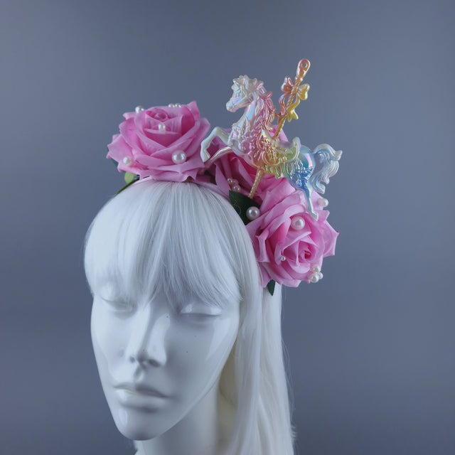 "Spin" Velvet Pink Rose, Pearls & Carousel Horse Headdress