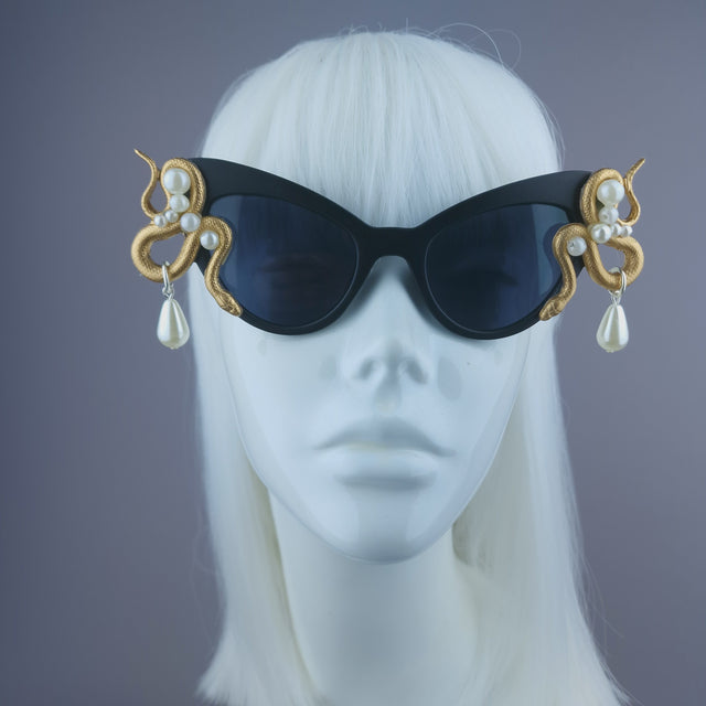 Pearls & Swine: Gold & Pearl Snake Black Sunglasses "Beguile"